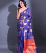 Navy Blue Cotton Handwoven Saree With Damask Motifs And Texture Pallu