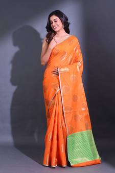 Orange Cotton Handwoven Saree With Damask Motifs And Texture Pallu