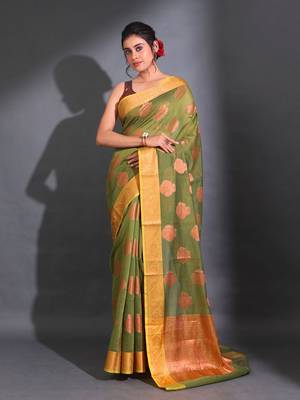 Sap Green Cotton Handwoven Saree With Nakshi Pattern And Floral Borders 1