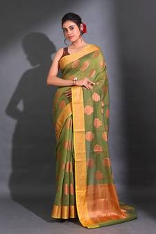 Sap Green Cotton Handwoven Saree With Nakshi Pattern And Floral Borders