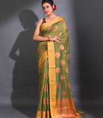 Sap Green Cotton Handwoven Saree With Nakshi Pattern And Floral Borders