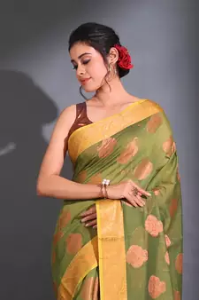 Sap Green Cotton Handwoven Saree With Nakshi Pattern And Floral Borders