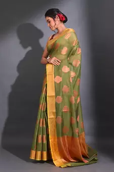 Sap Green Cotton Handwoven Saree With Nakshi Pattern And Floral Borders