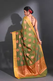Sap Green Cotton Handwoven Saree With Nakshi Pattern And Floral Borders