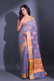 Grey Cotton Handwoven Saree With Nakshi Pattern And Floral Borders