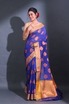 Blue Cotton Handwoven Saree With Nakshi Pattern And Floral Borders