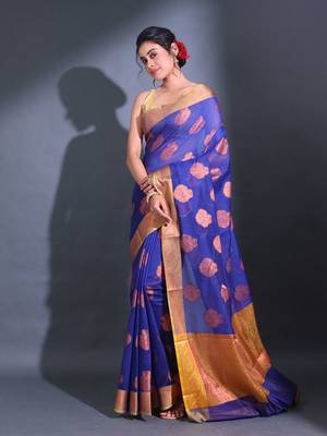 Blue Cotton Handwoven Saree With Nakshi Pattern And Floral Borders 3