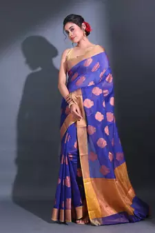 Blue Cotton Handwoven Saree With Nakshi Pattern And Floral Borders