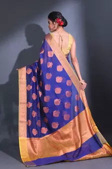 Blue Cotton Handwoven Saree With Nakshi Pattern And Floral Borders