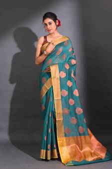 Teal Cotton Handwoven Saree With Nakshi Pattern And Floral Borders