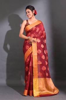 Maroon Cotton Handwoven Saree With Nakshi Pattern And Floral Borders