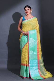 Yellow Cotton Handwoven Saree With Zari Woven Ethnic Designs