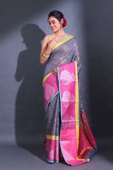 Grey Cotton Handwoven Saree With Zari Woven Ethnic Designs