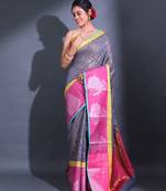Grey Cotton Handwoven Saree With Zari Woven Ethnic Designs