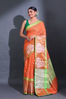 Orange Cotton Handwoven Saree With Zari Woven Ethnic Designs