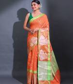 Orange Cotton Handwoven Saree With Zari Woven Ethnic Designs