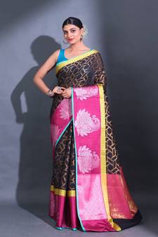 Black Cotton Handwoven Saree With Zari Woven Ethnic Designs