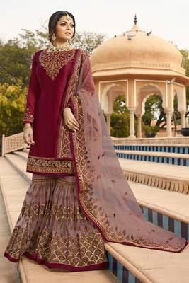 Wine Embroidered Georgette Salwar Up To 42" Size 1