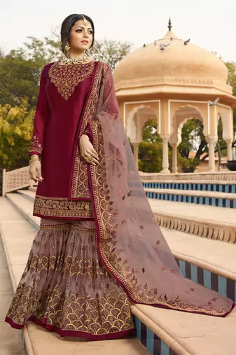 Wine Embroidered Georgette Salwar Up To 42" Size