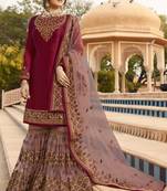 Wine Embroidered Georgette Salwar Up To 42" Size
