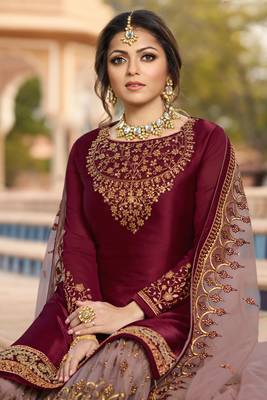Wine Embroidered Georgette Salwar Up To 42" Size 2