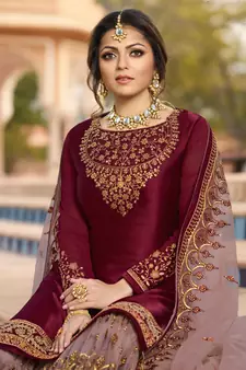 Wine Embroidered Georgette Salwar Up To 42" Size