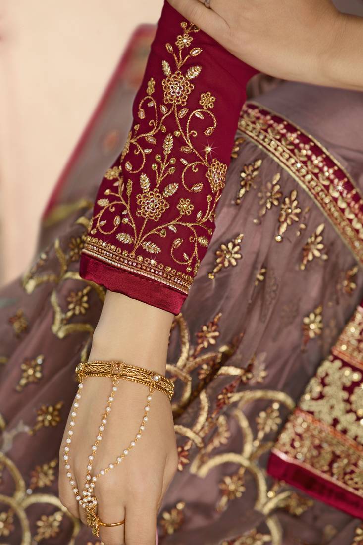 Wine Embroidered Georgette Salwar Up To 42" Size