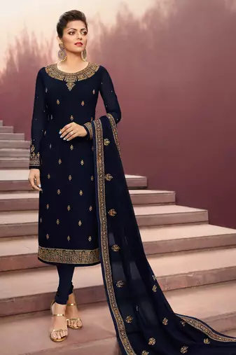 Blue Embroidered Georgette Salwar Up To 42" Size