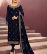 Blue Embroidered Georgette Salwar Up To 42" Size