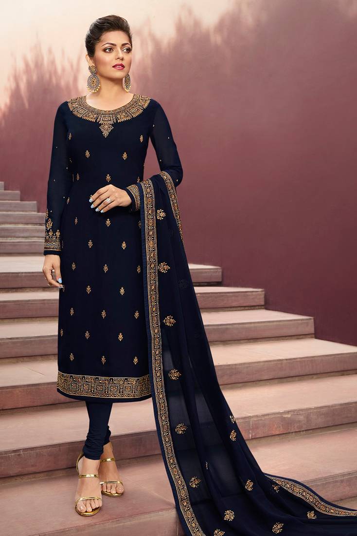 Blue Embroidered Georgette Salwar Up To 42" Size