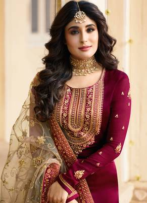 Wine Embroidered Georgette Salwar Up To 42" Size 3