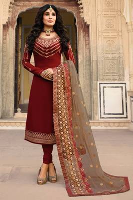 Maroon Embroidered Georgette Salwar Free size full stitched Up To 42" Size 1