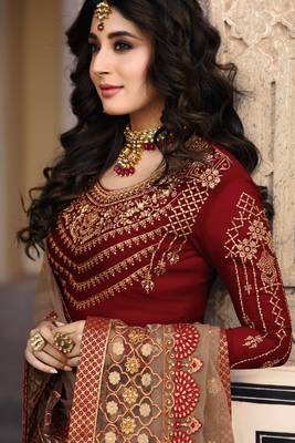 Maroon Embroidered Georgette Salwar Free size full stitched Up To 42" Size 2