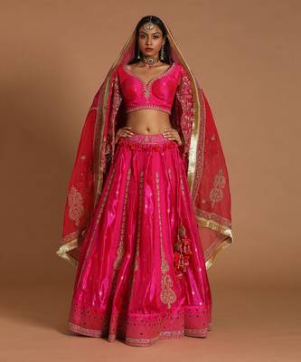 Pink Chanderi Embroidered A Line Lehenga 1