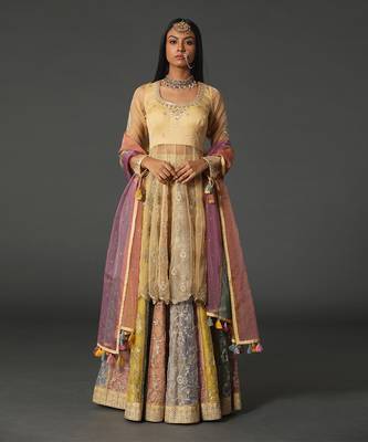Beige-Multicolor Chanderi Handloom Lehanga Set 1