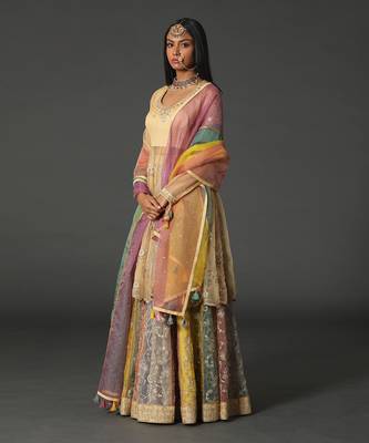Beige-Multicolor Chanderi Handloom Lehanga Set 2