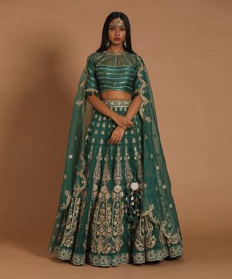 Dark Mossgreen Chanderi Handloom Lehanga Set 1
