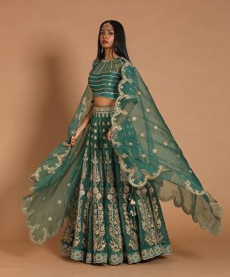 Dark Mossgreen Chanderi Handloom Lehanga Set 2