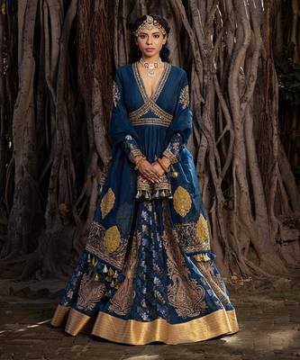 Blue Lime Chanderi Lehenga 1