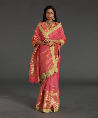 Light Pink - Yellow Chanderi Handloom Saree Set 1
