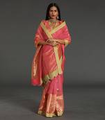 Light Pink - Yellow Chanderi Handloom Saree Set