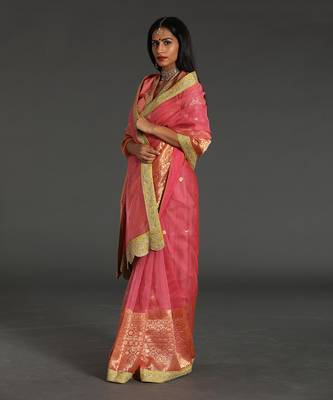 Light Pink - Yellow Chanderi Handloom Saree Set 2