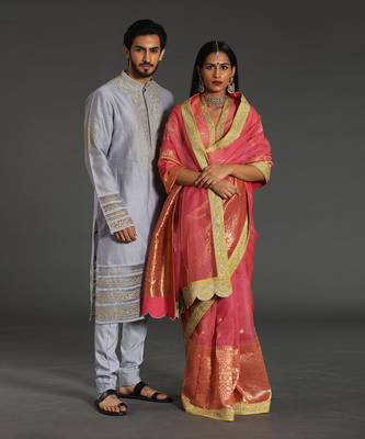Light Pink - Yellow Chanderi Handloom Saree Set 3