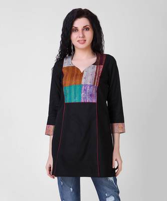 Black Cotton-Silk Tunic With Kantha Embroidery 2