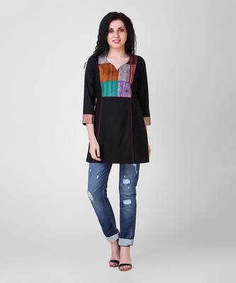 Black Cotton-Silk Tunic With Kantha Embroidery 1