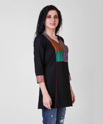 Black Cotton-Silk Tunic With Kantha Embroidery 4