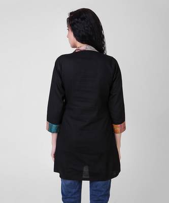 Black Cotton-Silk Tunic With Kantha Embroidery 5