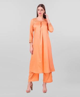 Peach Cotton Silk Zari Embroidery Textured Pleated Kurta With Palazzo (Set Of 2) 3