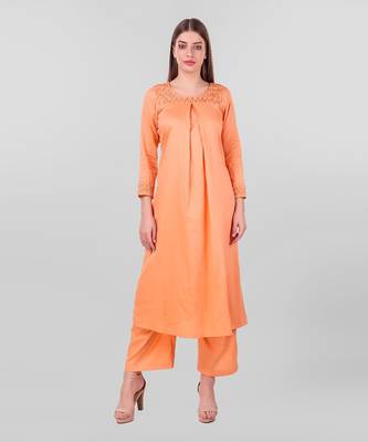 Peach Cotton Silk Zari Embroidery Textured Pleated Kurta With Palazzo (Set Of 2) 1