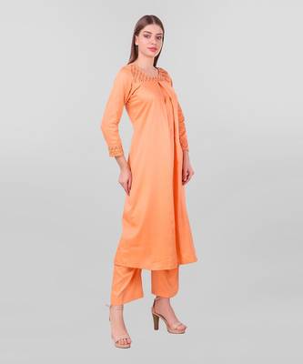 Peach Cotton Silk Zari Embroidery Textured Pleated Kurta With Palazzo (Set Of 2) 4
